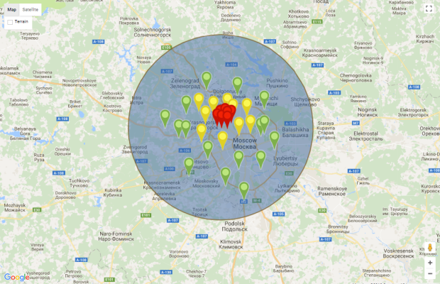 VismoMessaging - example of a response to an incident in Moscow. [Fictional]. Red = unsafe, orange = unsure, green = safe